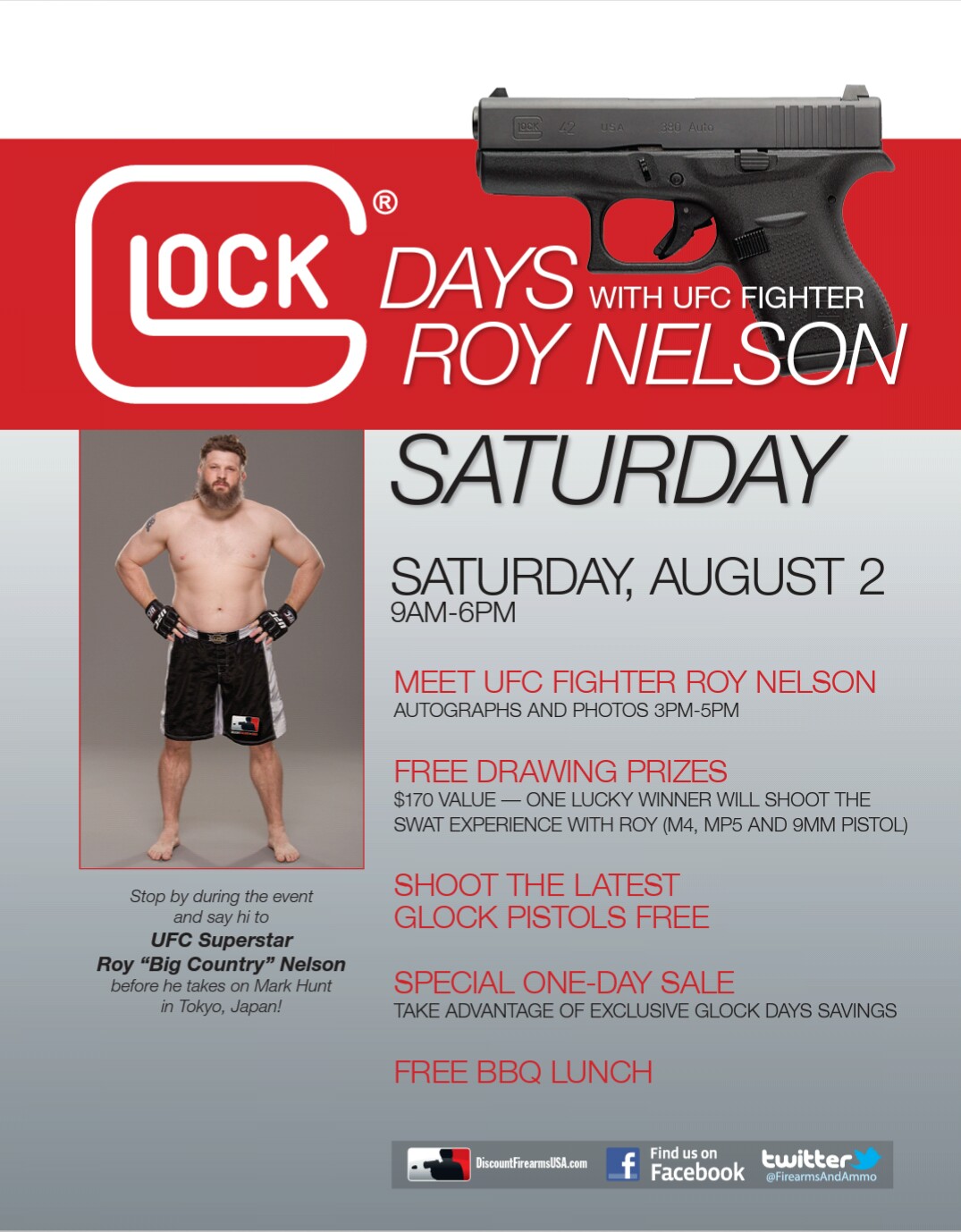Meet Roy “Big Country” Nelson on August 2 in Las Vegas at The Discount Firearms and Ammo Store